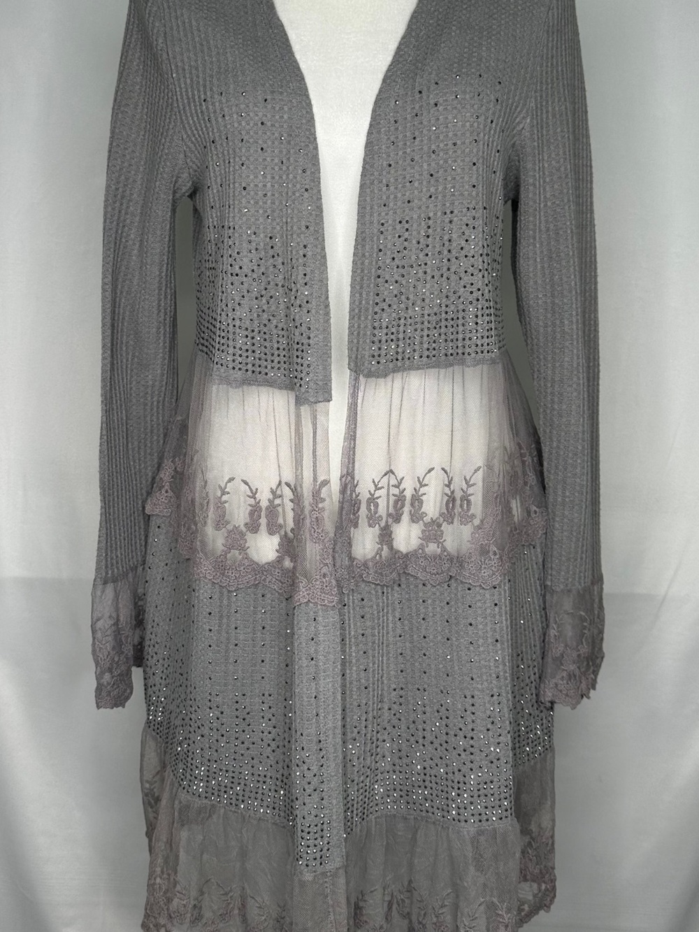 Vocal Gray Waffle Knit Cardigan Duster Lace Rhinestones Open Front Boho Chic SzM